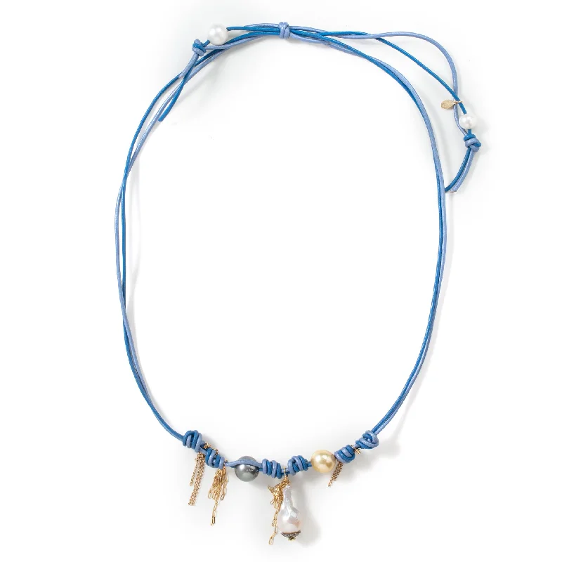 Ombre Blue Sky Rockstar Pearl, Diamond and Gold Chain Leather Necklace