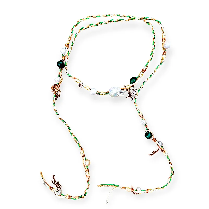 GREEN WITH ENVY PEARL MALACHITE ROSE GOLD LUCKY CHARM SILK ROCKER LARIAT