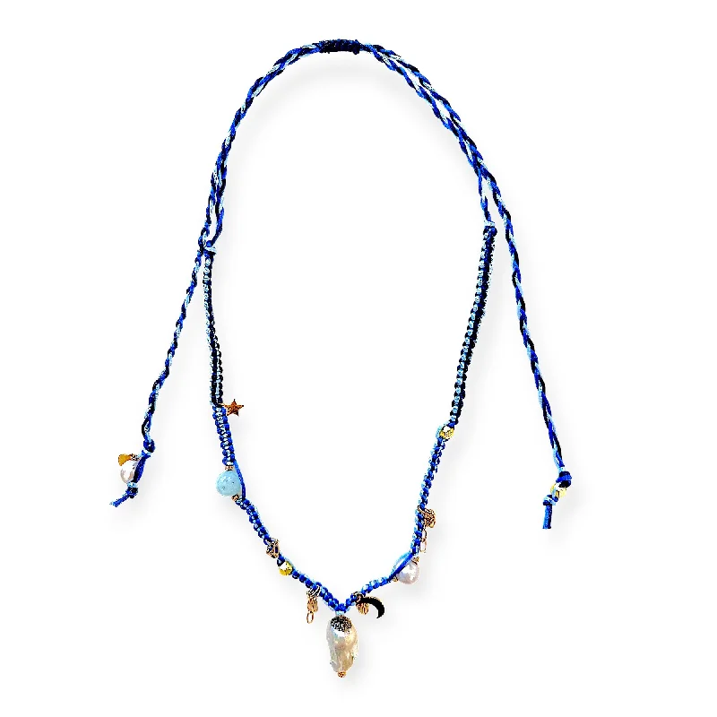 BLUE SKY DIAMOND DAGGER PEARL LUCKY CHARM GOLD SILK ROCKSTAR NECKLACE