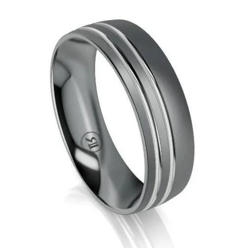 The Ludlow Tantalum & White Gold Offset Grooved Wedding Ring