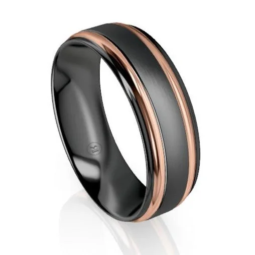 Dual Rounded Stepped Edge Black Zirconium and Gold Grooved Wedding Ring