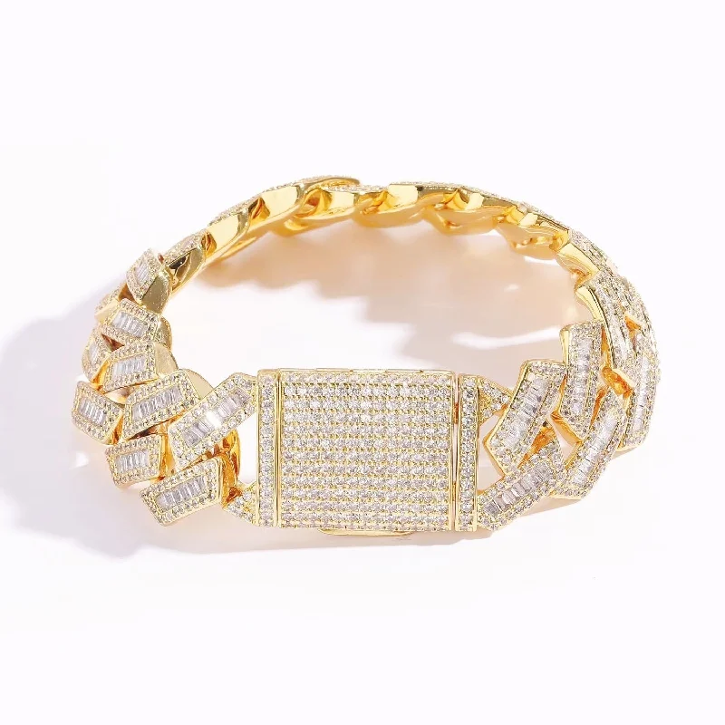 20mm Baguette Cut Moissanite Diamond Prong Cuban Link Bracelet in 14K Gold