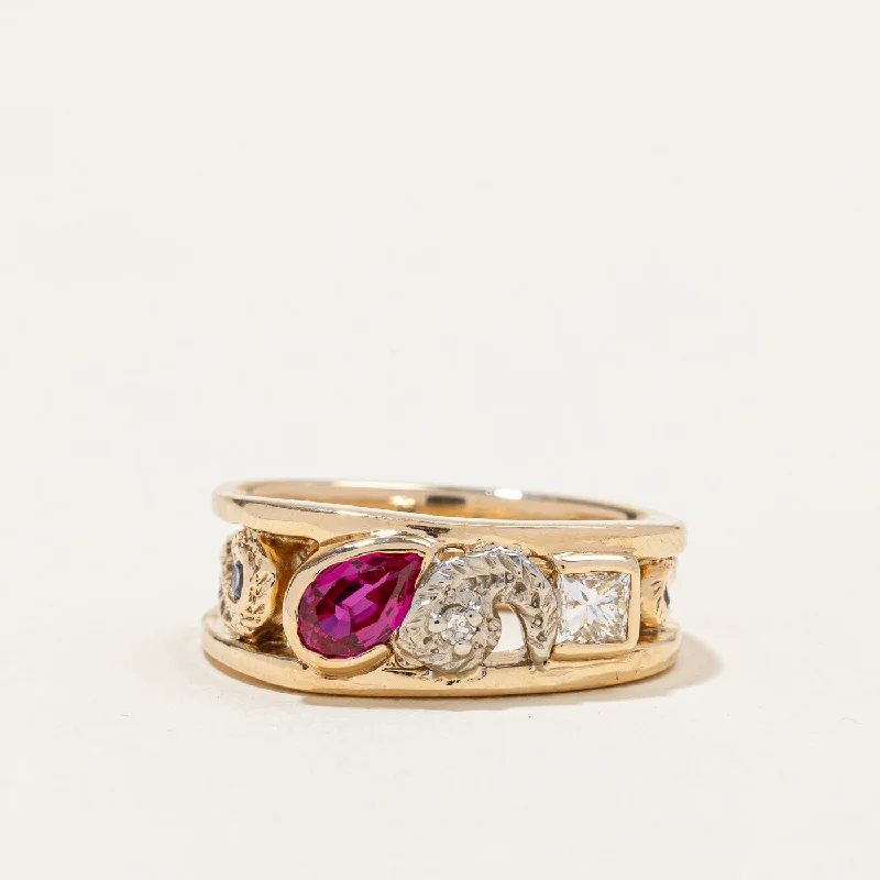 Ruby, Diamond and Sapphire Vintage Ring | 0.53ct, 0.27ctw, 0,05ctw | SZ 6.25 |