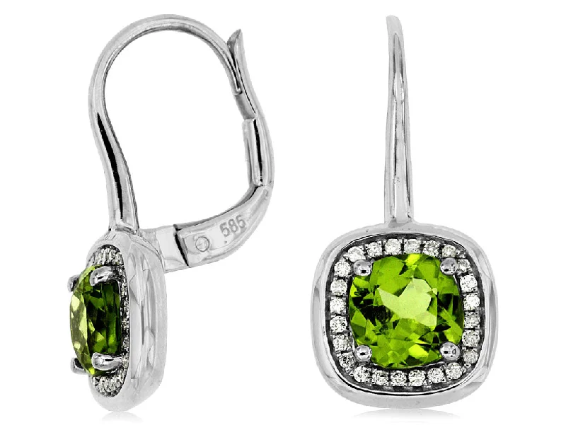 Bezel Set Cushion Peridot and Diamond Halo Dangle Earrings