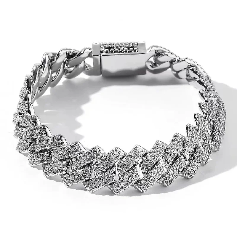 Iced Out Diamond Prong Cuban Link Bracelet in White Gold