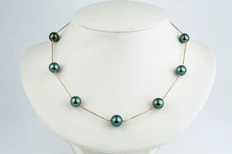 Flashy Blue-Green Tahitian Pearl Tin-Cup Necklace on 14k Rose Gold