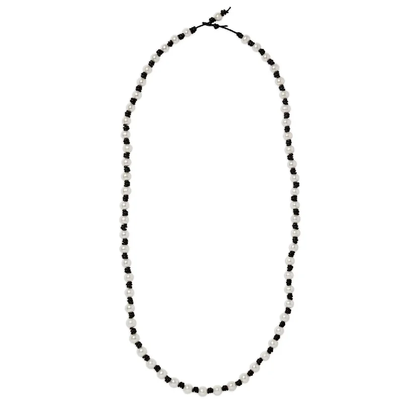 Long Knotted White Pearl and Leather Necklace