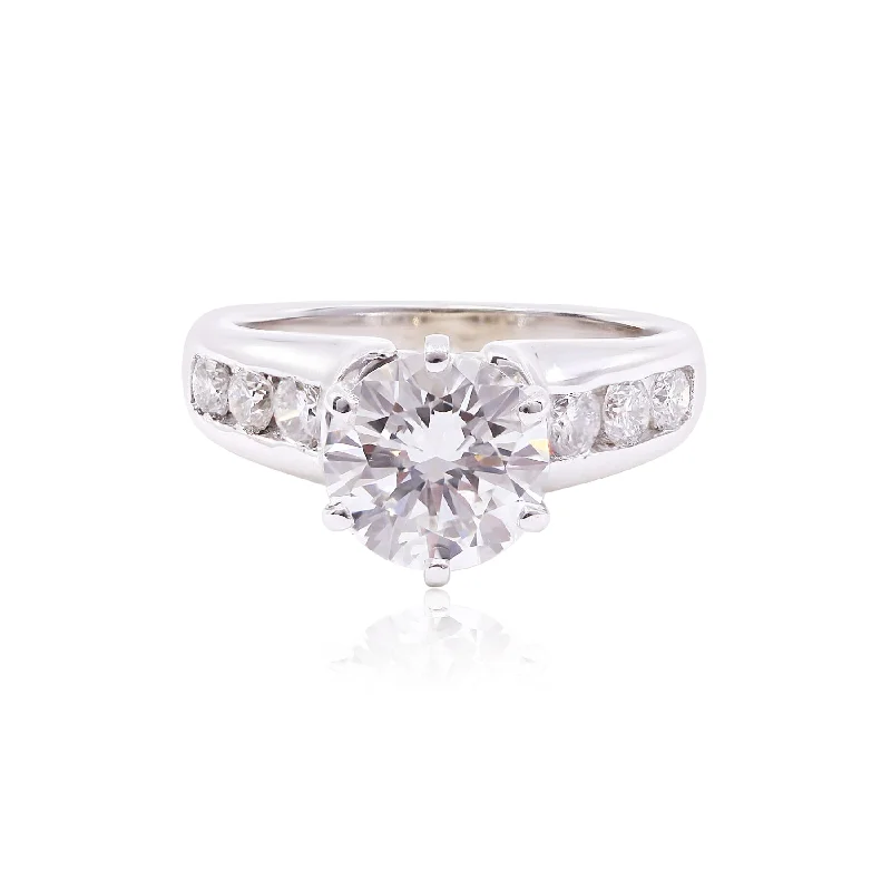 Estate 14K White Gold 2.01CT Round Brilliant Engagement Ring With Channel Set Side Diamonds