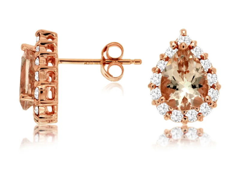 Pear Shaped Morganite and Diamond Halo Stud Earrings