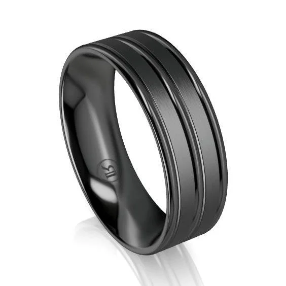 Dual Concave Black Zirconium Grooved Wedding Ring - Comfort Fit (IN1448)