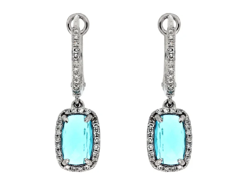 Cushion Cut Blue Topaz and Diamond Halo Drop Earrings