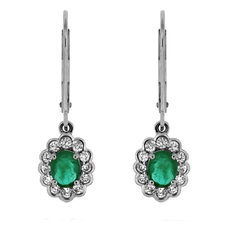 Vintage Style Oval Emerald and Diamond Halo Dangle Earrings