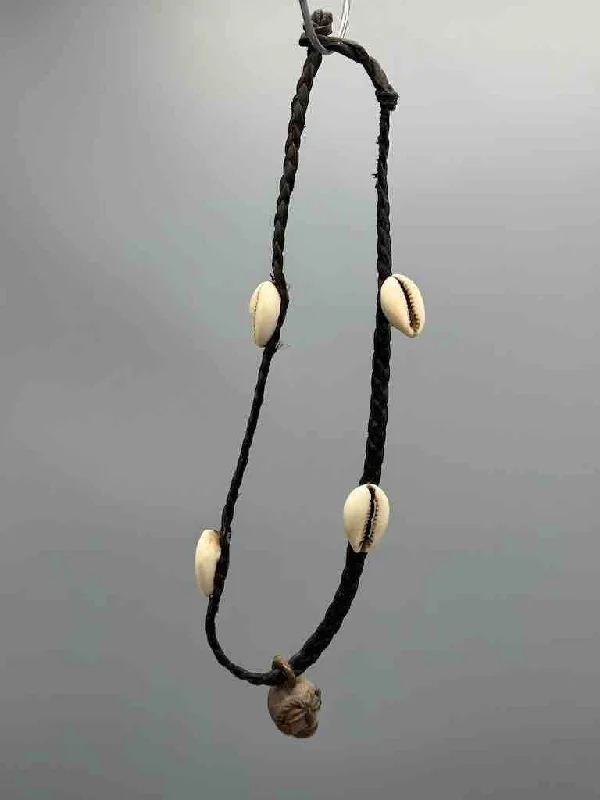 Leather & Cowrie Shell Brass Mask Pendant Necklace - Mali