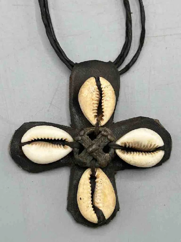 Leather & Cowrie Shell Brass Gold Weight Pendant Necklace - Mali