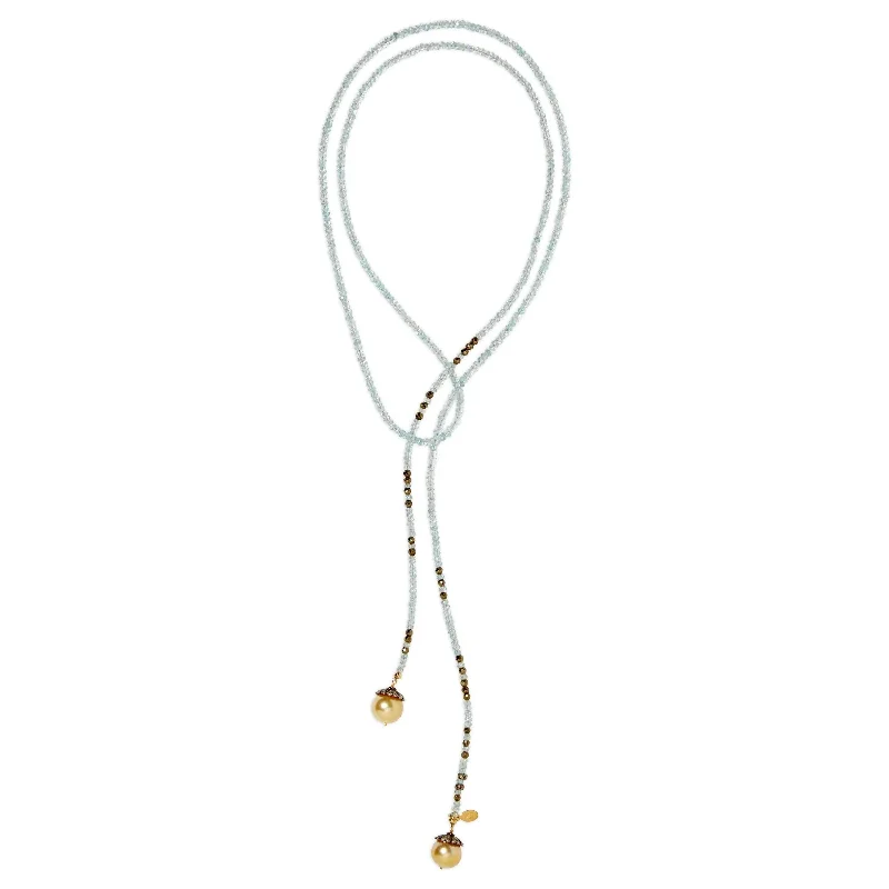 Aquamarine and Gold Tahitian Pearl Classic Gemstone Lariat