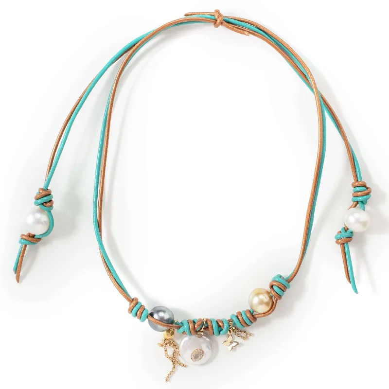 Golden Turquoise Gemburst Pearl Gold Leather Necklace