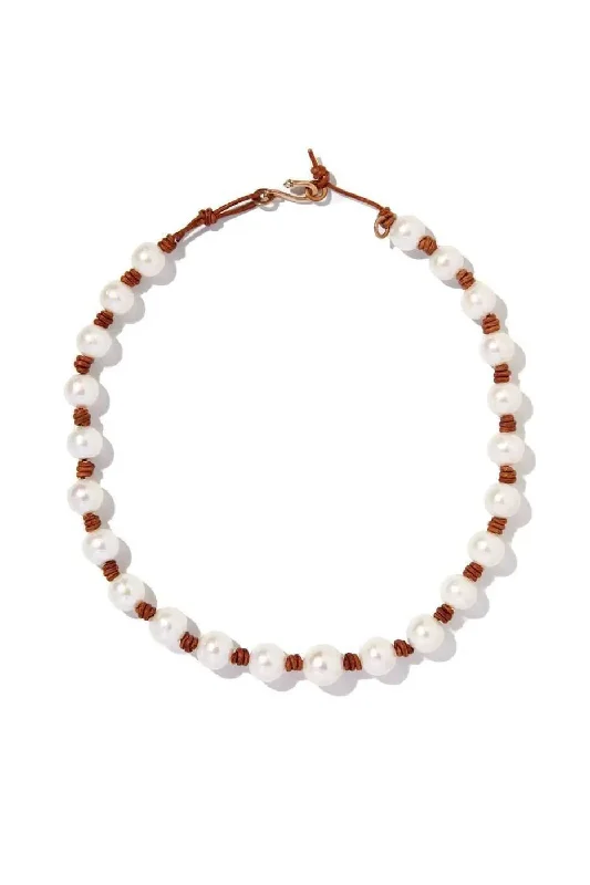 Large Knotted Classic Pearl and Leather Necklace w/Snake Clasp