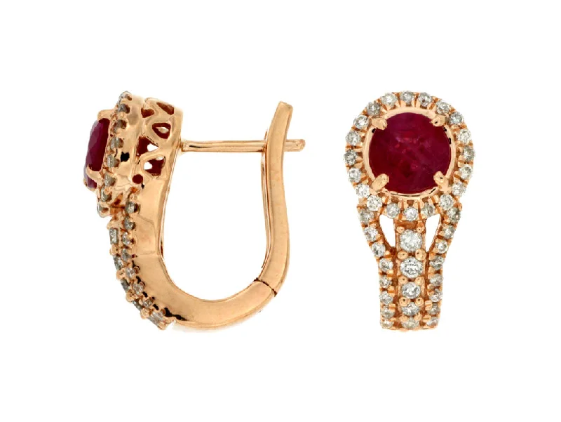 Round Ruby and Diamond Halo Huggie Earrings