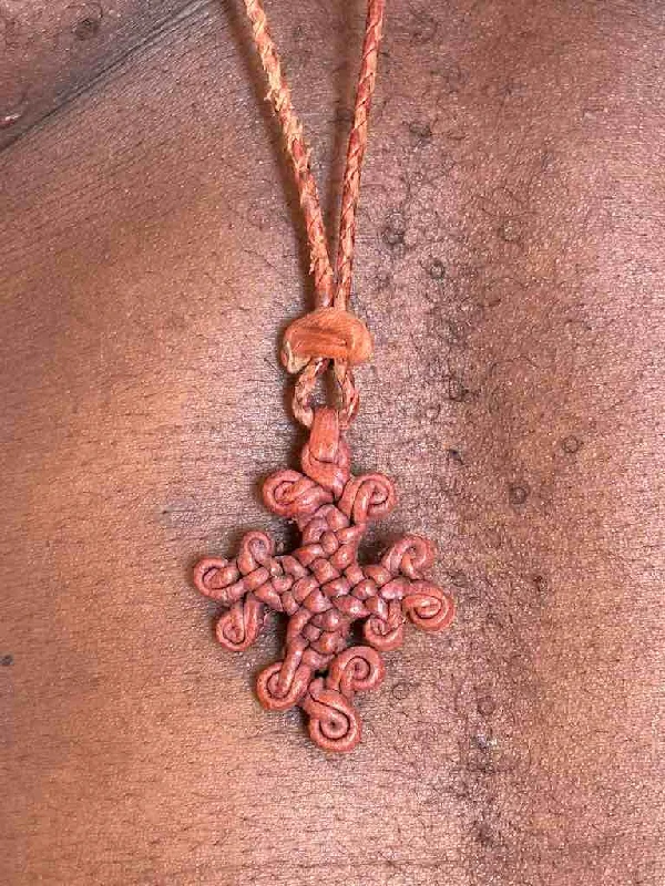 Woven Coptic Christian Red Leather Cross on Long Cord Necklace - Ethiopia