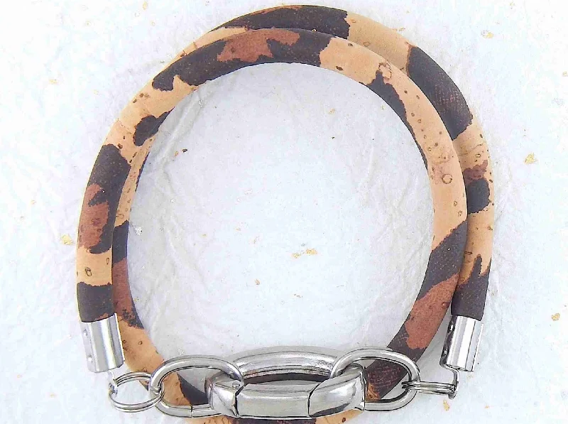 Double-row 6mm round cork bracelet with oval stainless steel clasp in 4 patterns (leopard, bright flowers, soft flowers, natural with silver speckles)