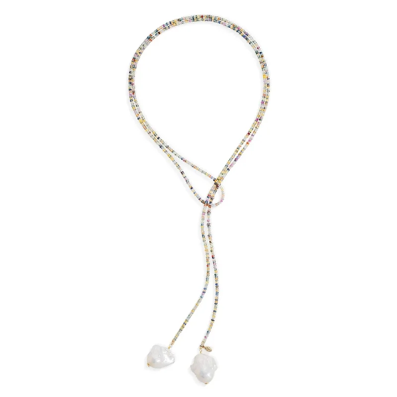 Mixed Rainbow Sapphire Diamond Baroque Pearl Lariat