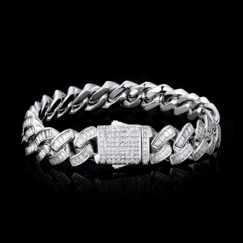 12mm Baguette CZ Mens Cuban Link Bracelet in White Gold