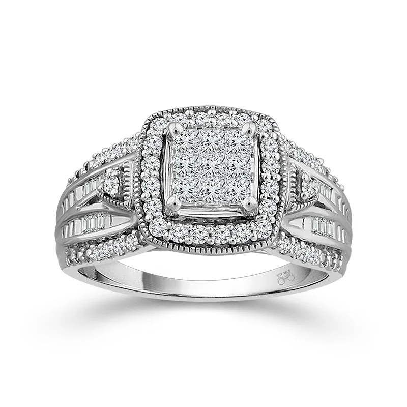 10 Karat White Gold 1/2 Carat Multi Stone Milgrain Detail Diamond Halo Engagement Ring