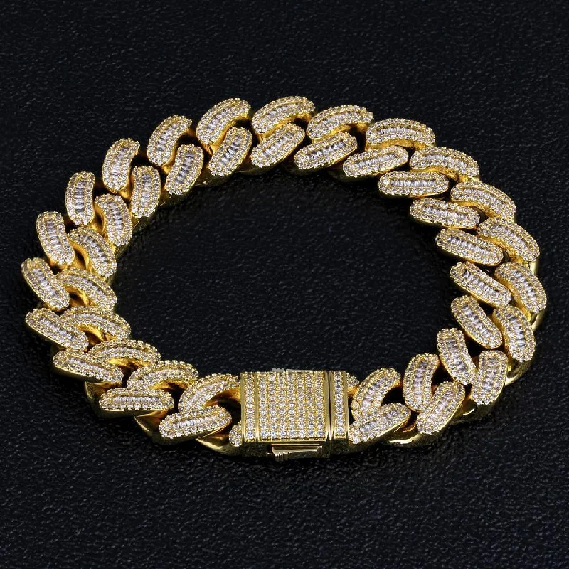 16mm Iced Out Baguette Cut Mens Cuban Link Bracelet in 14K Gold