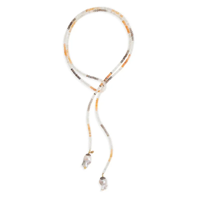 Mexican Moonstone Diamond Baroque Pearl Lariat