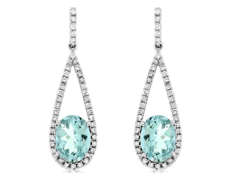 Oval Aquamarine and Diamond Open Halo Drop Earrings