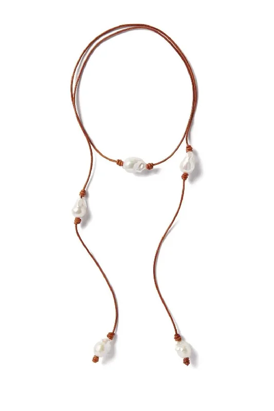 Knotted Five Baroque Pearl Leather Lariat