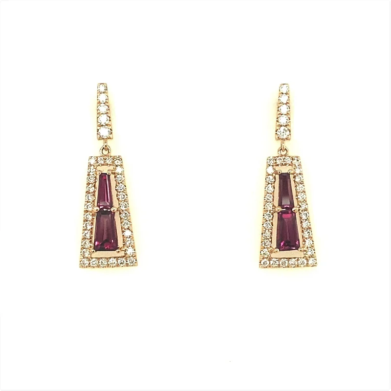 Geometric Shaped Rhodolite Garnet and Diamond Dangle Earrings