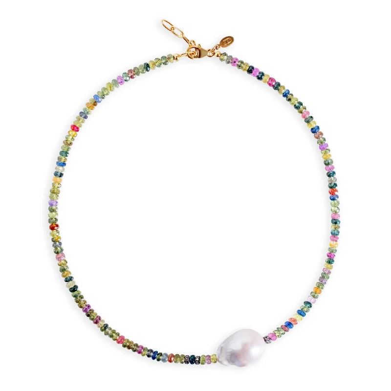 Rainbow Sapphire Diamond Baroque Pearl Necklace