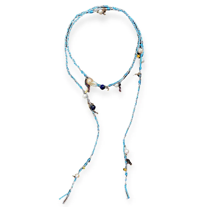 BLUE SUMMER SKY PEARL LAPIS GOLD LUCKY CHARM SILK ROCKER LARIAT