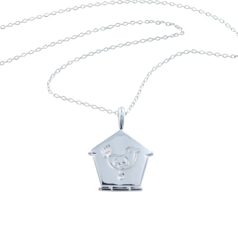 Sterling Silver Bird Box with Engraved Bird Necklace