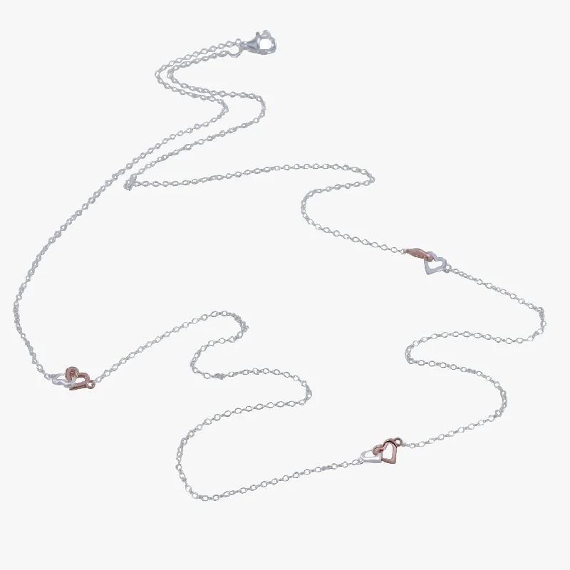 Twosome Hearts Sterling Silver Long Chain Necklace