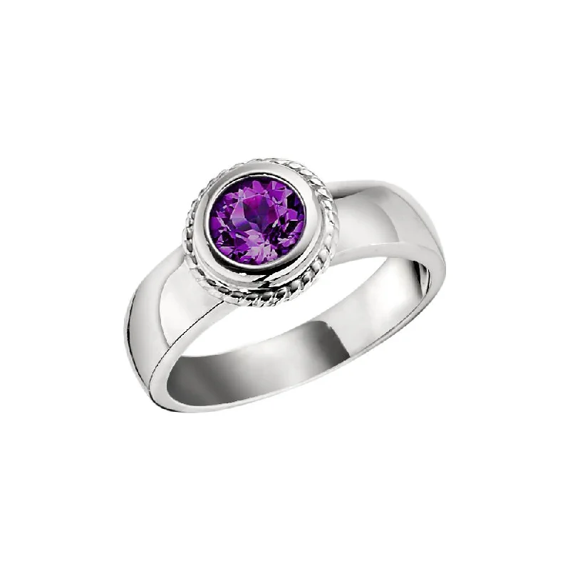 Bezel Rope Edge Round Amethyst Ring