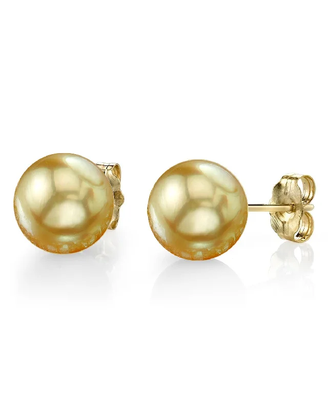 Golden South Sea Round Pearl Stud Earrings, 9.0-10.0mm