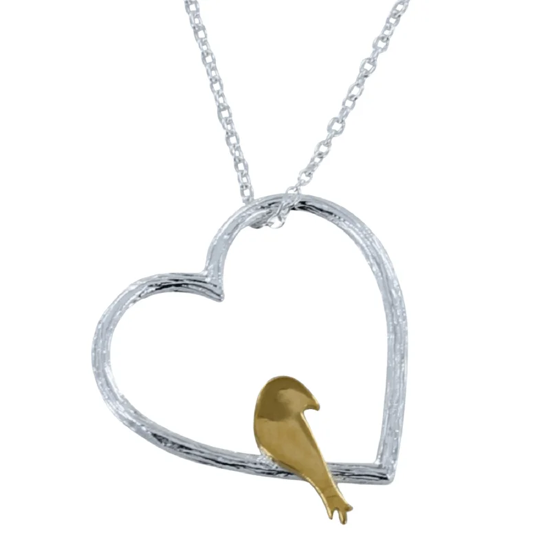 Sterling Silver and 18ct Gold plate Bird In Heart Necklace