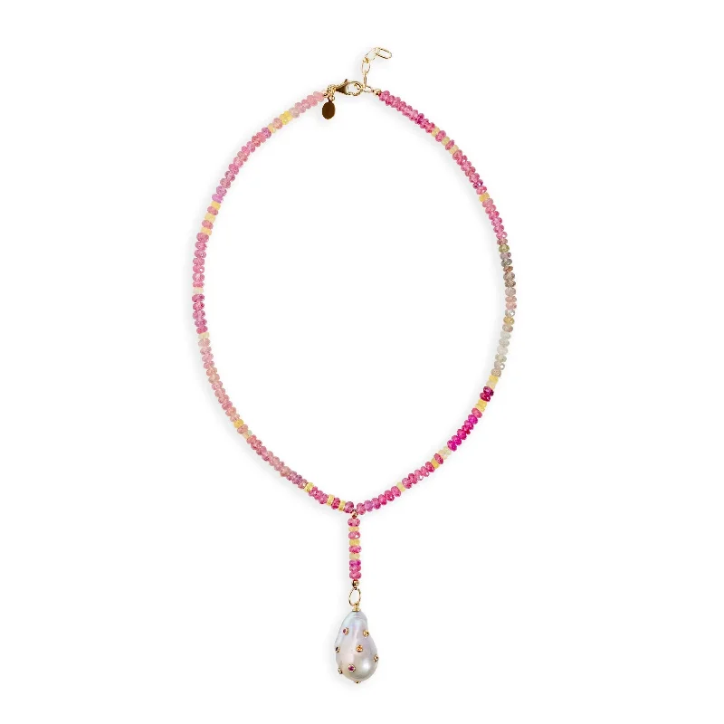 Raspberry Sherbert Sapphire Baroque Pearl Drop Necklace