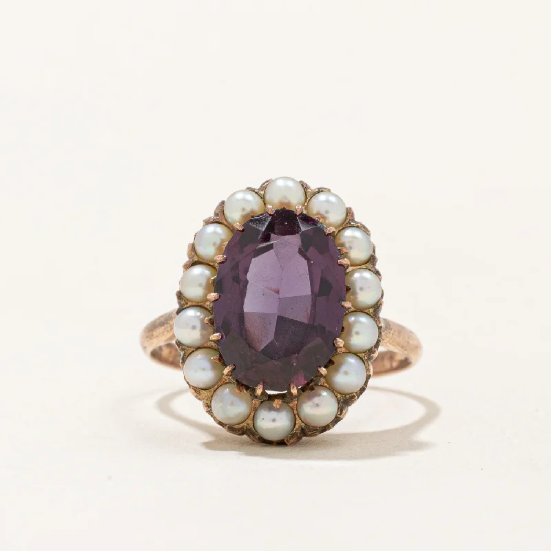 Synthetic Purple Sapphire & Pearl Halo Ring | 3.30ct | SZ 6.25 |