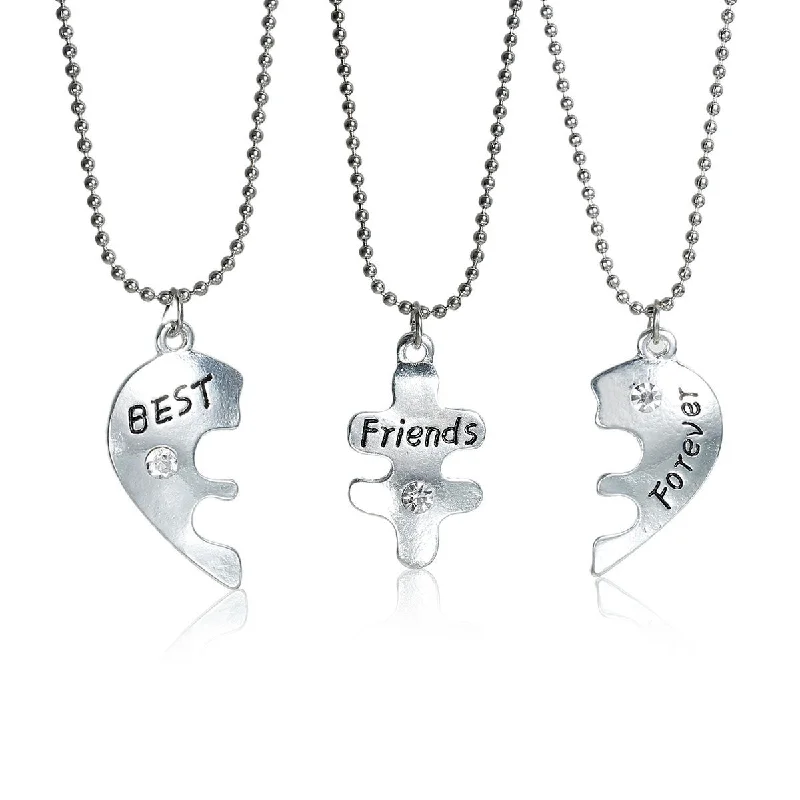 3 pc Necklace Ball Chain Broken Heart Message " Best Friends Forever " Pendant Clear Rhinestone