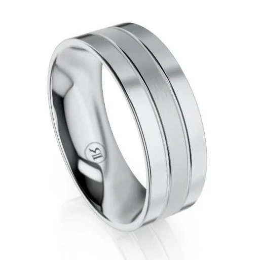 Dual Grooves Brushed Centre Platinum Wedding Ring