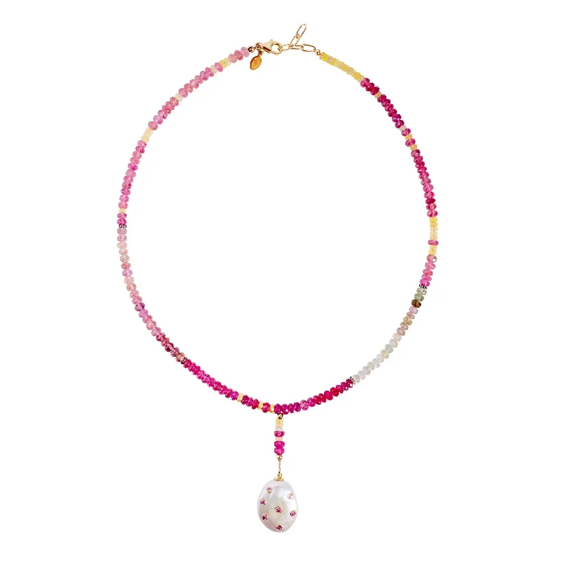 Raspberry Sherbert Diamond Pink Sapphire Pearl Drop Necklace