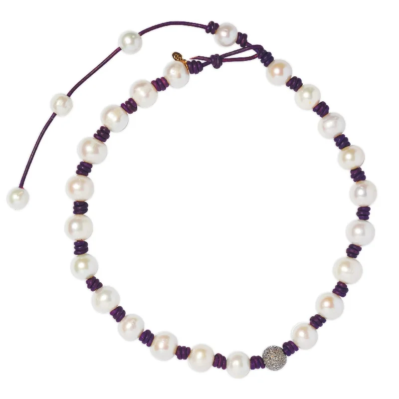 Knotted Plum Leather Diamond And Pearl Necklace