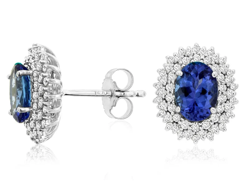 Oval Tanzanite and Double Diamond Halo Earrings