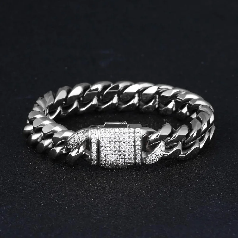 12mm Iced Out Mens Miami Cuban Link Bracelet in White Gold