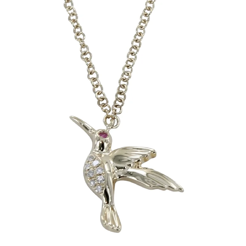 14K Solid Gold and Diamond Hummingbird Necklace