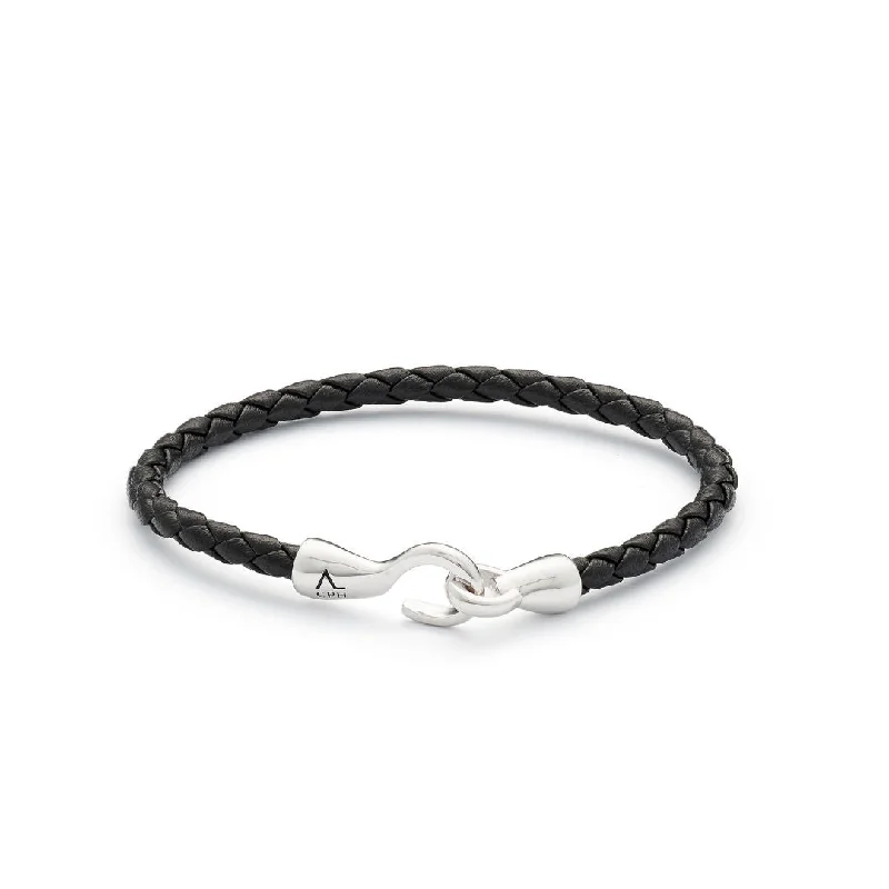 Single Bolo Leather Black Silver Bracelet