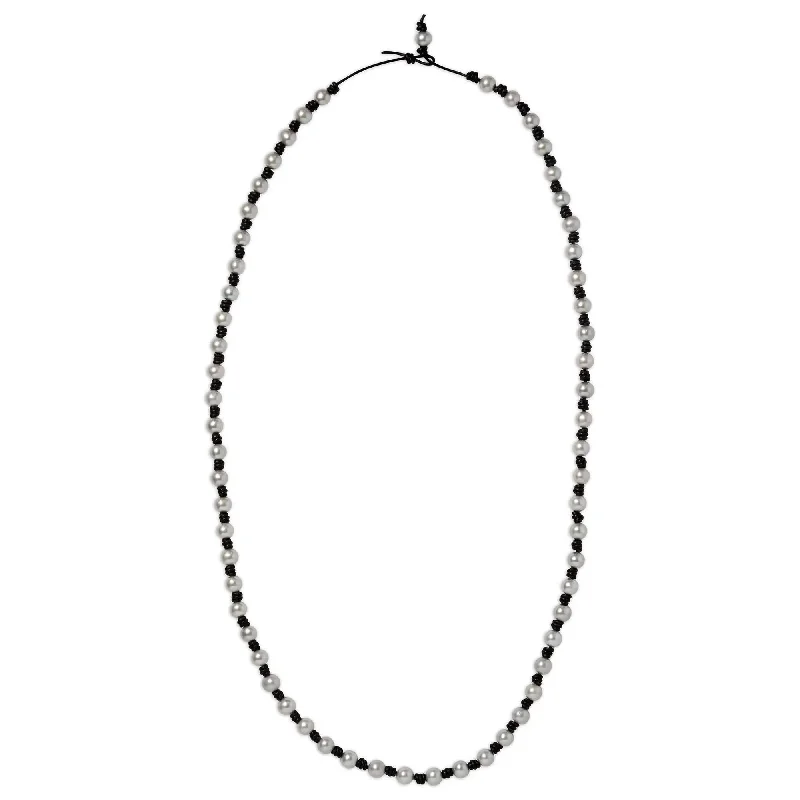 Long Knotted Pearl and Leather Necklace w/ Gray Pearls